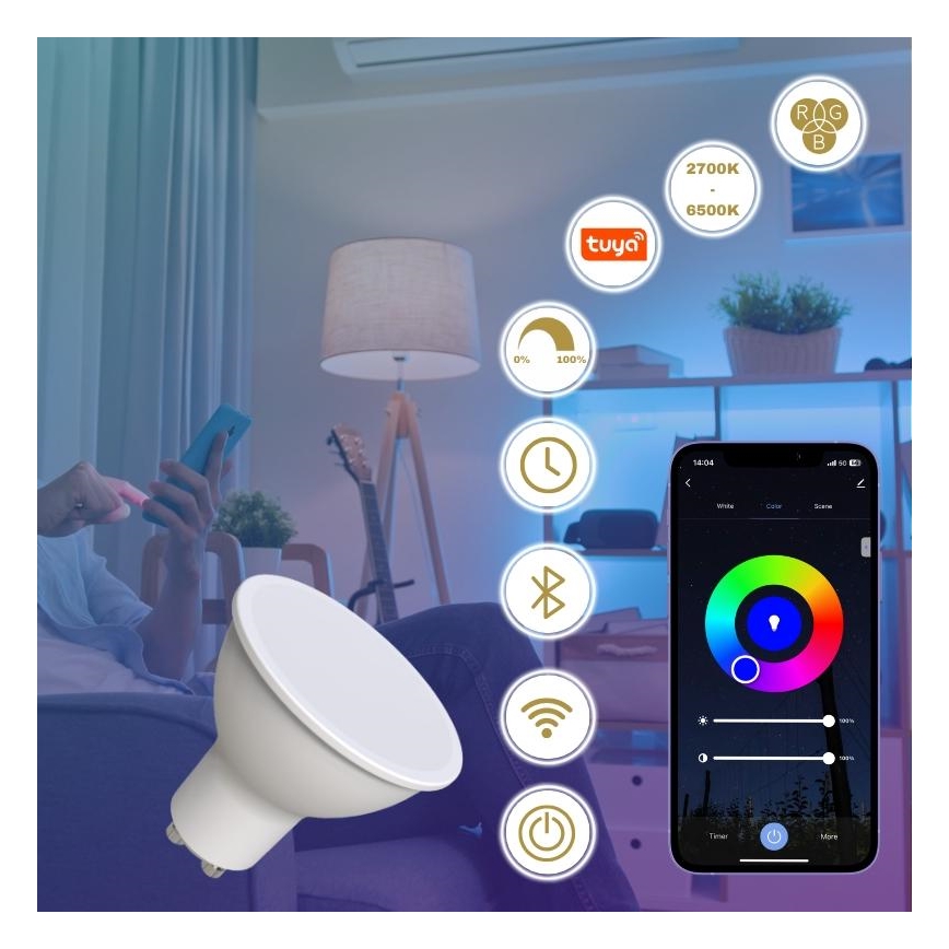 LED RGBW Stmívatelná žárovka GU10/4,5W/230V 2700-6500K Wi-Fi Tuya