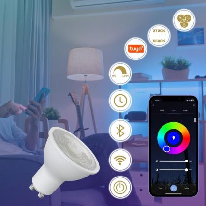 LED RGBW Stmívatelná žárovka GU10/4,5W/230V 2700-6500K Wi-Fi Tuya