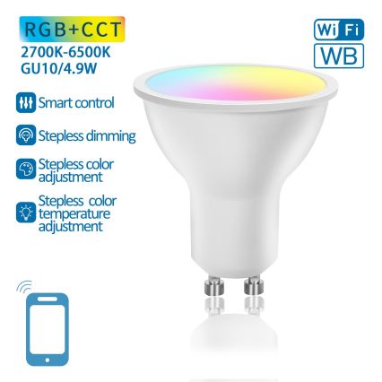 LED RGBW Stmívatelná žárovka GU10/4,9W/230V 2700-6500K Wi-Fi - Aigostar