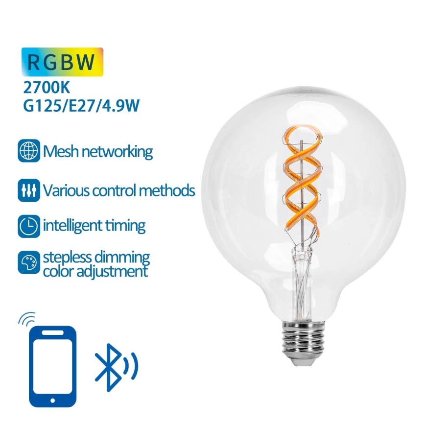LED RGBW Stmívatelná žárovka FILAMENT MESH Smart G125 E27/4,9W/230V 2700K - Aigostar