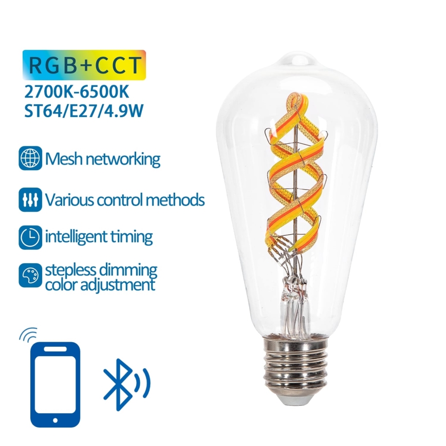LED RGBW Stmívatelná žárovka FILAMENT MESH Smart ST64 E27/4,9W/230V 2700-6500K - Aigostar