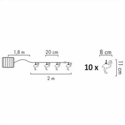 LED Solární dekorační řetěz 10xLED/1,2V 300 mAh 3,8 m IP44 plameňák