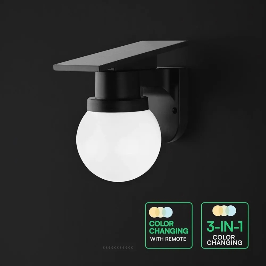 LED Solární nástěnná lampa LED/3,7V 3000/4000/6400K IP54 1800 mAh černá + dálkové ovládání