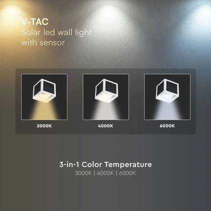 LED Solární nástěnné svítidlo se senzorem LED/9W/3,7V 3000/4000/6000K IP65 2600 mAh bílá