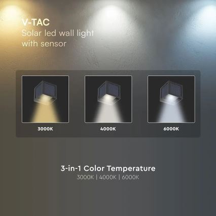 LED Solární nástěnné svítidlo se senzorem LED/9W/3,7V 3000/4000/6000K IP65 2600 mAh černá