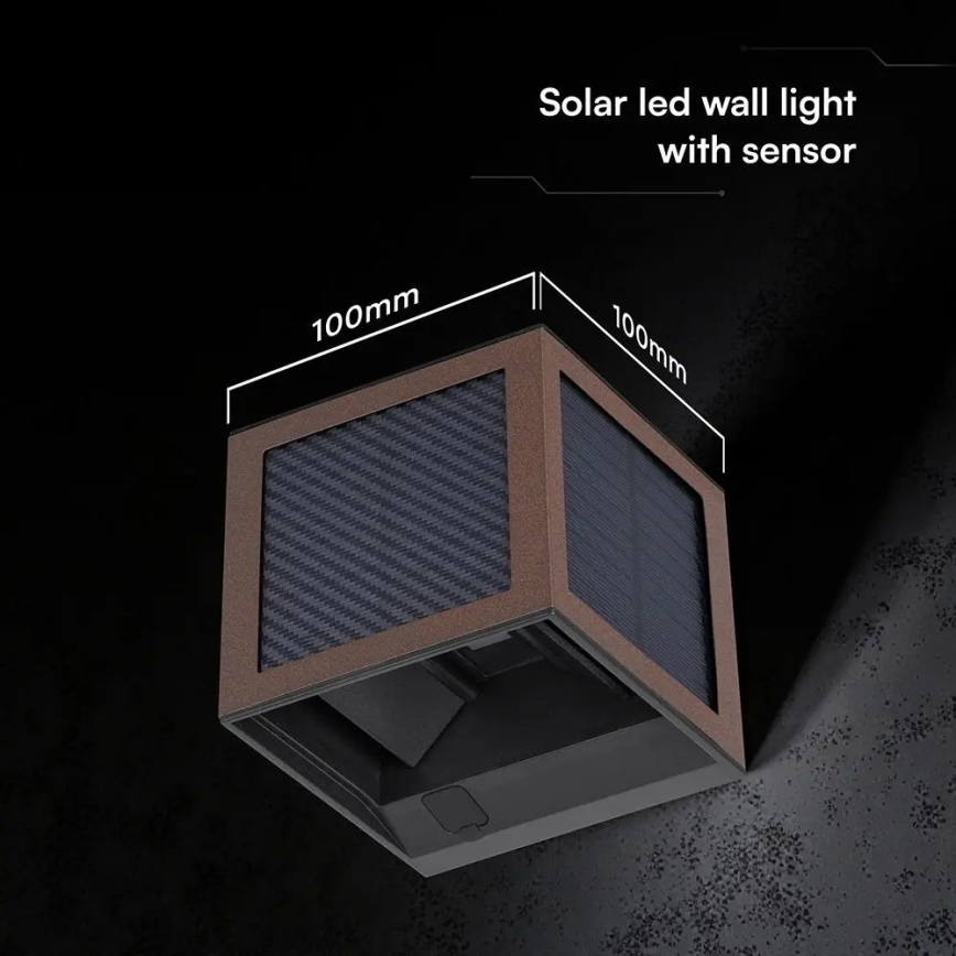 LED Solární nástěnné svítidlo se senzorem LED/9W/3,7V 3000/4000/6000K IP65 2600 mAh hnědá