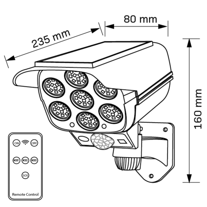 LED Solární maketa bezpečnostní kamery se senzorem KAMERA LED/1W/3,7V 1200 mAh IP44 + dálkové ovládání