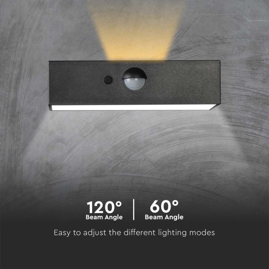 LED Solární nástěnné svítidlo se senzorem LED/3W/3,7V 3000K/4000K IP65 1200 mAh černá