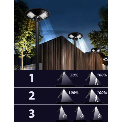 LED Stmívatelná solární pouliční lampa se senzorem LED/15W/6V 11000 mAh 6500K IP65 černá + dálkové ovládání