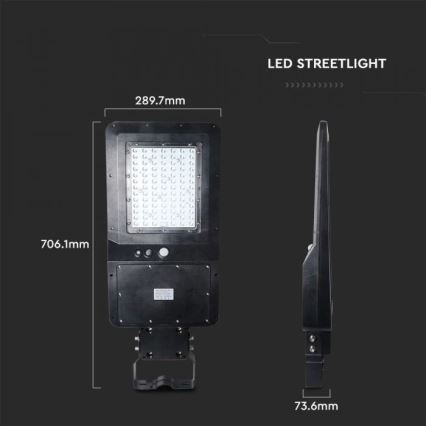 LED Solární pouliční lampa se senzorem LED/40W/9,6V IP65 6000K 12000 mAh + dálkové ovládání