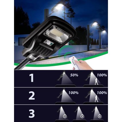 LED Stmívatelná solární pouliční lampa se senzorem LED/60W/6V 5500 mAh 6500K IP65 černá + dálkové ovládání