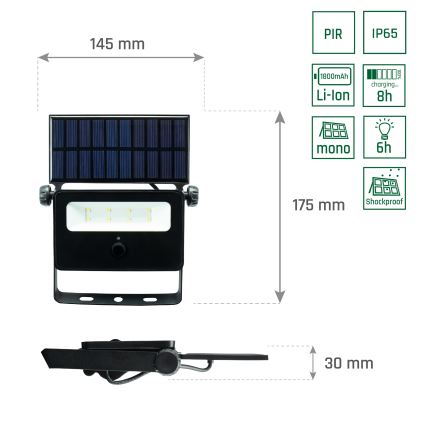 LED Solární reflektor se senzorem NOCTIS LED/2W/1800 mAh 3,7V 6000K IP65