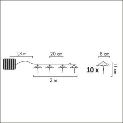 LED Solární řetěz 10xLED/1,2V 300 mAh 3,8 m IP44 deštníky
