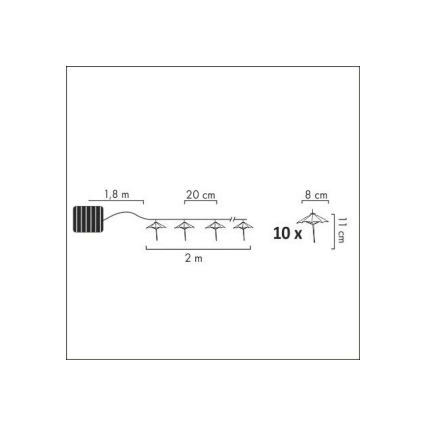 LED Solární řetěz 10xLED/1,2V 300 mAh 3,8 m IP44 deštníky