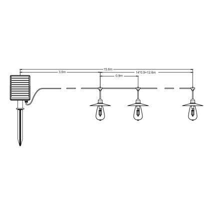 LED Solární řetěz 15xLED/0,2W/3,7V 15,6 m 3000K IP44 2400 mAh