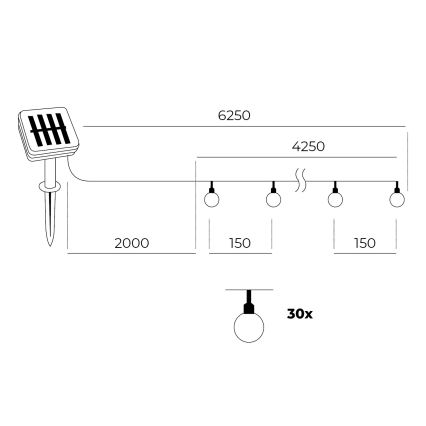 LED Solární řetěz 30xLED/0,12W/1,2V 1xAA 3000K IP44 400 mAh