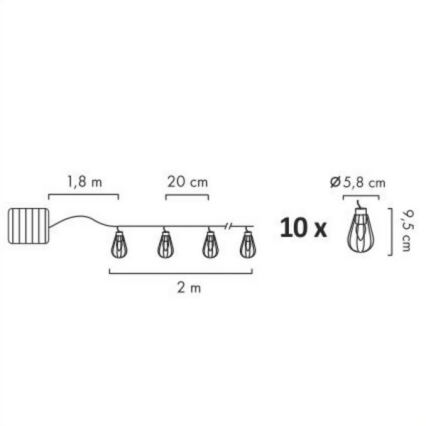 LED Solární venkovní řetěz 10xLED/1,2V 300 mAh 3,8 m IP44