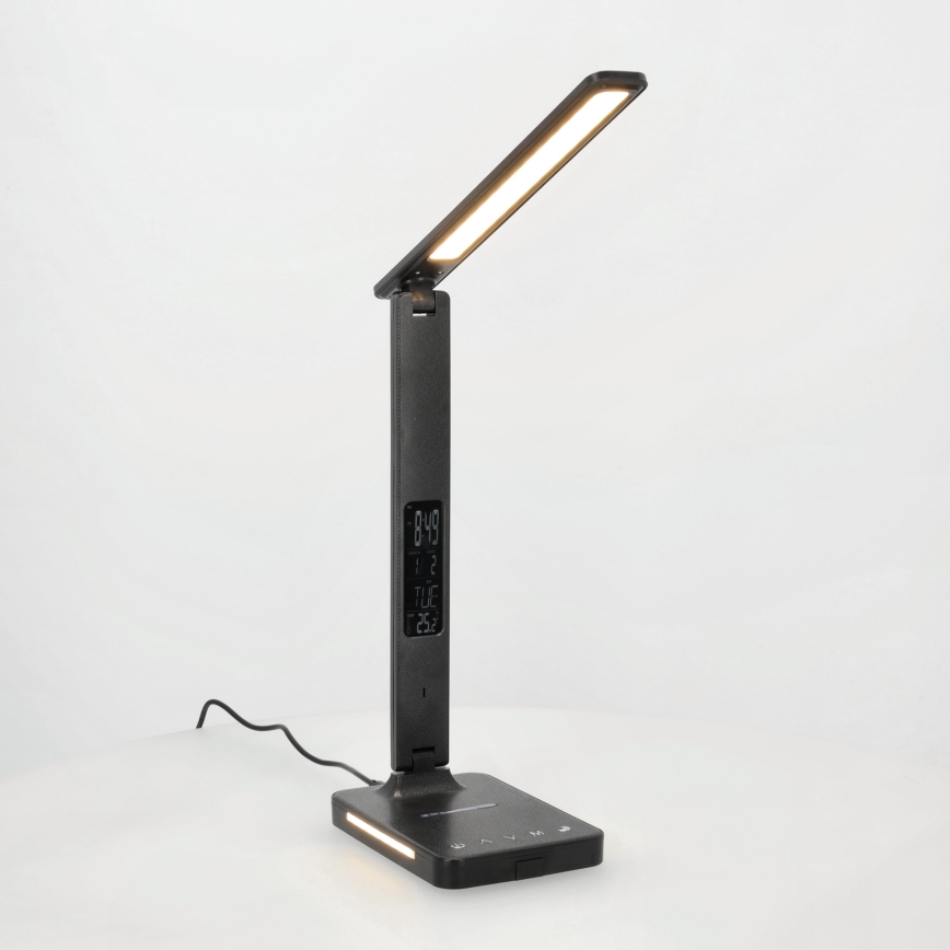 LED Stmívatelná stolní lampa s bezdrátovým nabíjením QI, displejem a USB portem LED/7W/230V 3000-6000K černá