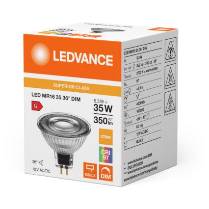 LED Stmívatelná reflektorová žárovka MR16 GU5,3/5,3W/12V 2700K 36° CRI 97 - Ledvance
