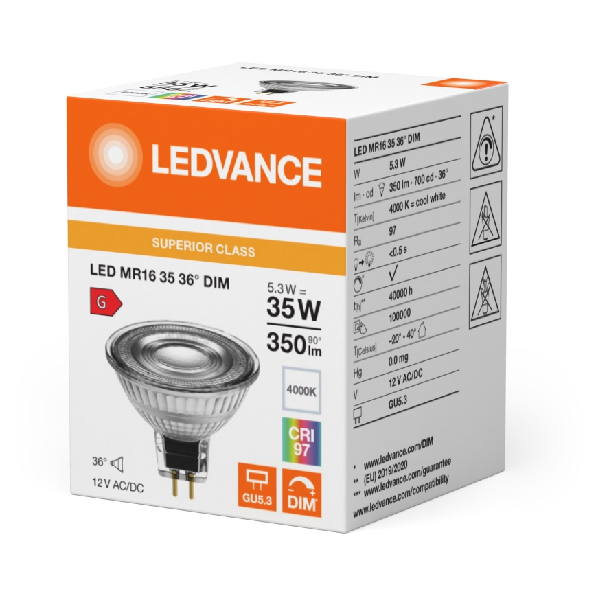 LED Stmívatelná reflektorová žárovka MR16 GU5,3/5,3W/12V 4000K 36° CRI 97 - Ledvance