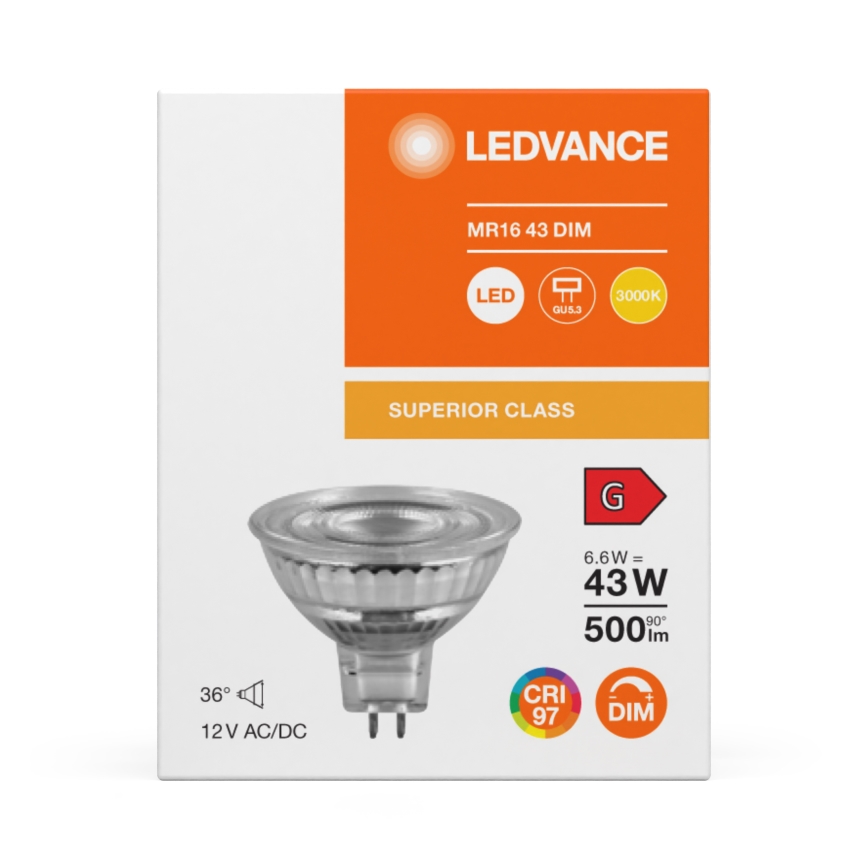 LED Stmívatelná reflektorová žárovka MR16 GU5,3/6,6W/12V 3000K 36° CRI 97 - Ledvance