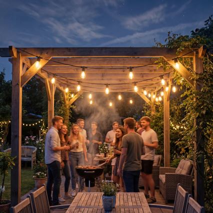 LED Stmívatelný solární dekorační řetěz 10xE27/0,3W/3/5V USB 2400 mAh 10,62 m IP65 černá + dálkové ovládání