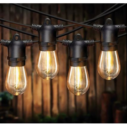 LED Stmívatelný solární dekorační řetěz 10xE27/0,3W/3/5V USB 2400 mAh 10,62 m IP65 černá + dálkové ovládání
