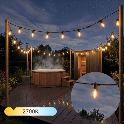 LED Stmívatelný solární dekorační řetěz 10xE27/0,3W/3/5V USB 2400 mAh 10,62 m IP65 černá + dálkové ovládání