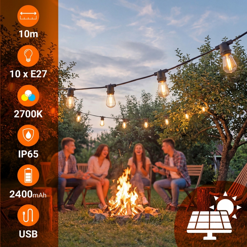 LED Stmívatelný solární dekorační řetěz 10xE27/0,3W/3/5V USB 2400 mAh 10,62 m IP65 černá + dálkové ovládání