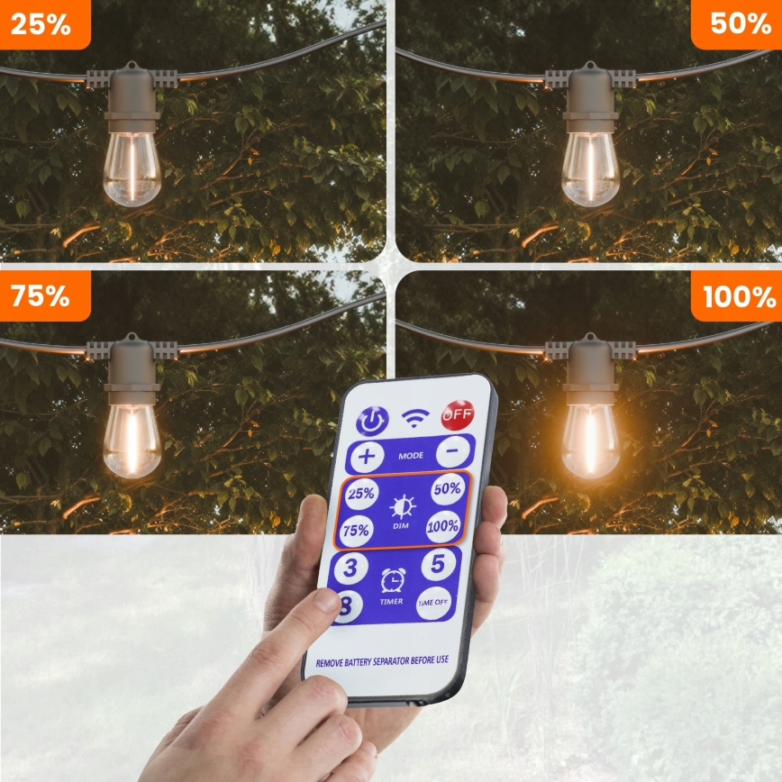 LED Stmívatelný solární dekorační řetěz 10xE27/0,3W/3/5V USB 2400 mAh 10,62 m IP65 černá + dálkové ovládání