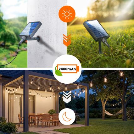 LED Stmívatelný solární dekorační řetěz 10xE27/0,3W/3/5V USB 2400 mAh 10,62 m IP65 černá + dálkové ovládání