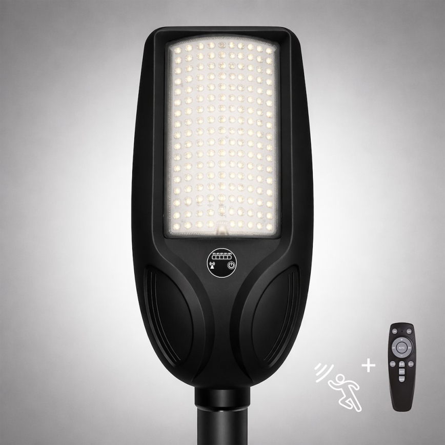 LED Stmívatelná solární pouliční lampa se senzorem VENICE LED/200W/3,2V 12000 mAh IP65 černá + dálkové ovládání