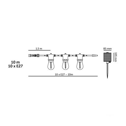 LED Stmívatelný solární dekorační řetěz STARLIGHT NEO 10xE27/3,7V 2700K IP54 1200 mAh 11,5m + dálkové ovládání