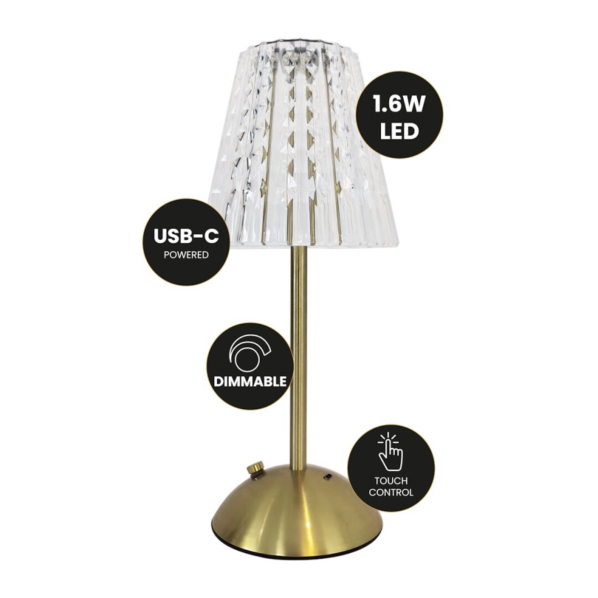 LED Stmívatelná dotyková nabíjecí stolní lampa ELBA LED/1,6W/800 mAh 3000/4000/6000K zlatá/čirá