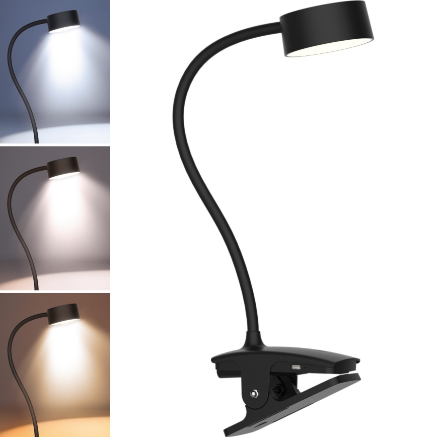 LED Stmívatelná flexibilní nabíjecí stolní lampa s klipem LED/2W/1800 mAh 3000/4000/6500K černá