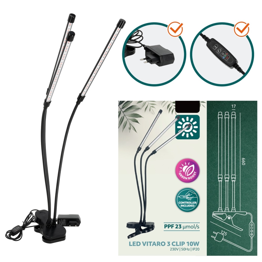 LED Stmívatelná flexibilní stolní lampa s klipem pro pěstování rostlin VITARO 3xLED/10W/230V černá