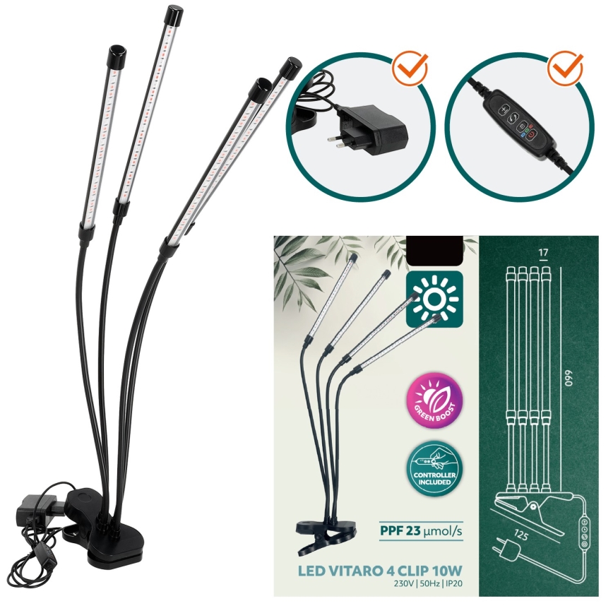 LED Stmívatelná flexibilní stolní lampa s klipem pro pěstování rostlin VITARO 4xLED/10W/230V černá