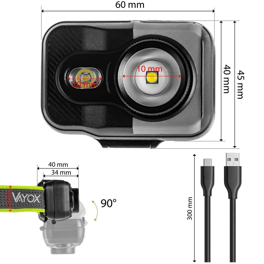 LED Stmívatelná nabíjecí čelovka LED/10W/5V/3xAAA IP66 800 lm 1000 mAh