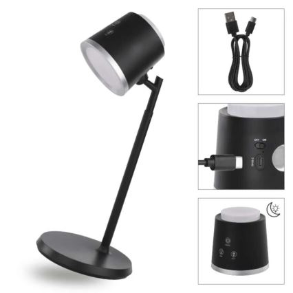 LED Stmívatelná nabíjecí stolní lampa 4v1 LED/6W/3,7V 3000K/4000K/6500K 1500mAh černá