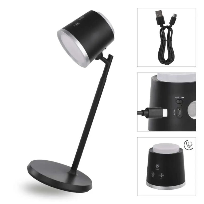 LED Stmívatelná nabíjecí stolní lampa 4v1 LED/6W/3,7V 3000K/4000K/6500K 1500mAh černá