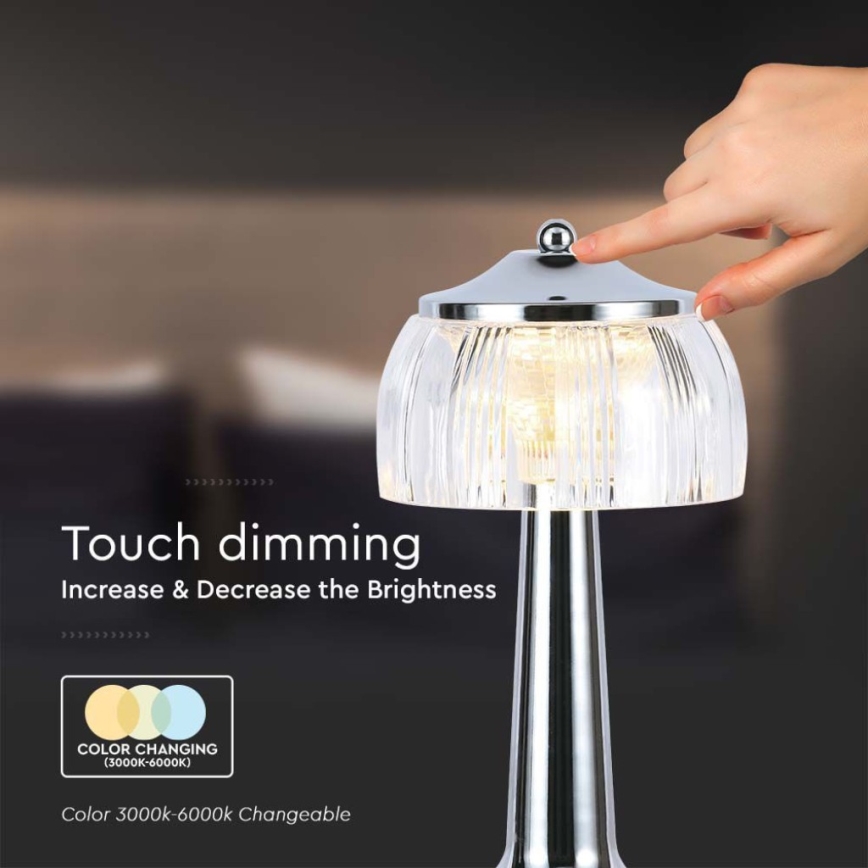 LED Stmívatelná dobíjecí dotyková stolní lampa LED/1W/5V 3000-6000K 1800 mAh lesklý chrom