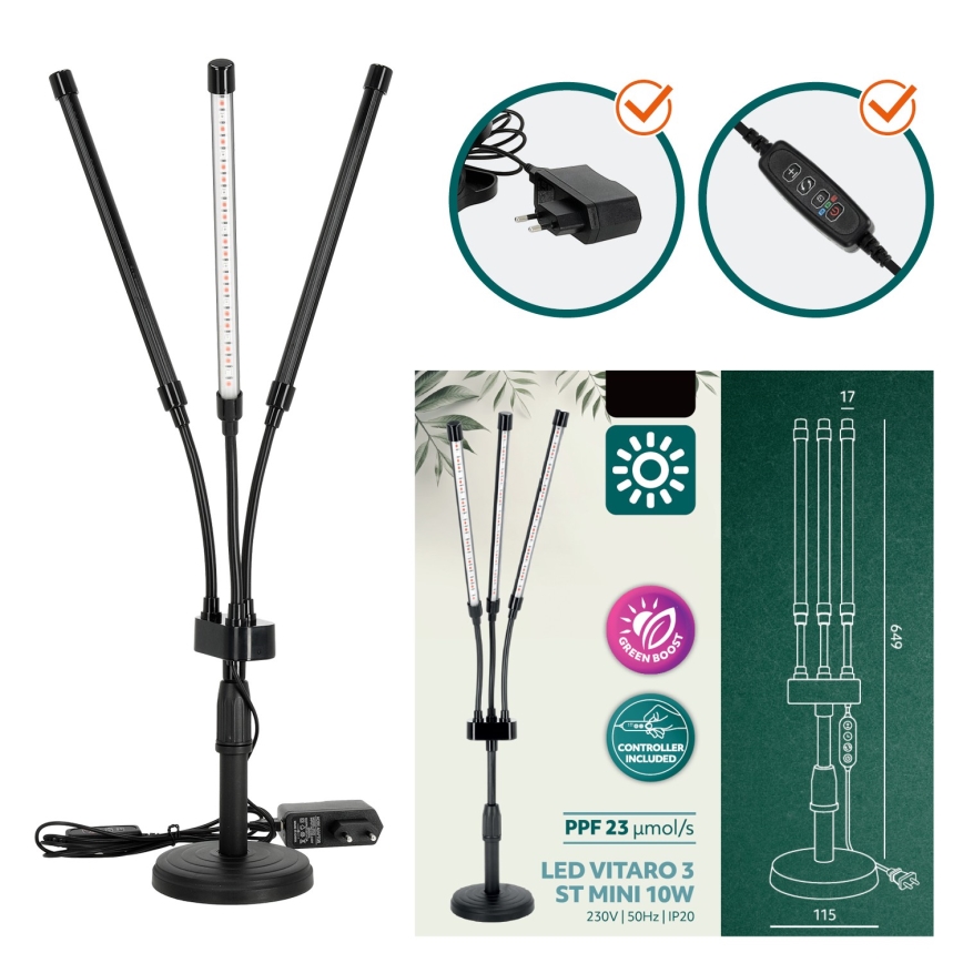 LED Stmívatelná flexibilní stolní lampa pro pěstování rostlin VITARO 3xLED/10W/230V černá