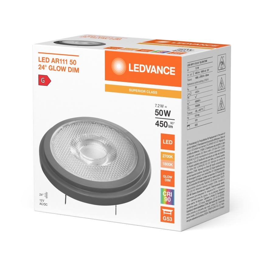 LED Stmívatelná žárovka AR111 G53/7,2W/12V 1800-2700K 24° CRI 90 - Ledvance