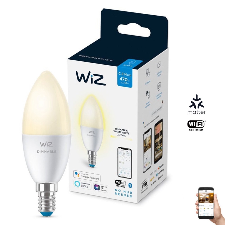 LED Stmívatelná žárovka C37 E14/4,9W/230V 2700K CRI 90 Wi-Fi - WiZ