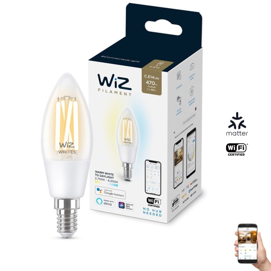 LED Stmívatelná žárovka FILAMENT C35 E14/4,9W/230V 2700-6500K CRI 90 Wi-Fi - WiZ