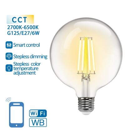 LED Stmívatelná žárovka FILAMENT G125 E27/6W/230V 2700-6500K Wi-Fi - Aigostar