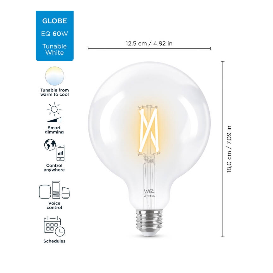 LED Stmívatelná žárovka FILAMENT G125 E27/7W/230V 2700-6500K CRI 90 Wi-Fi - WiZ