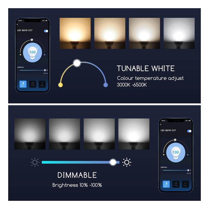 LED Stmívatelná žárovka GU10/7W/230V 3000-6500K Wi-Fi - Aigostar