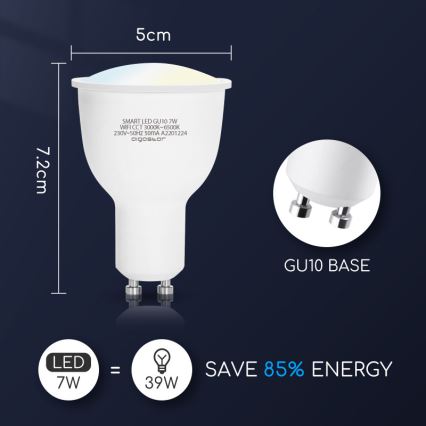 LED Stmívatelná žárovka GU10/7W/230V 3000-6500K Wi-Fi - Aigostar
