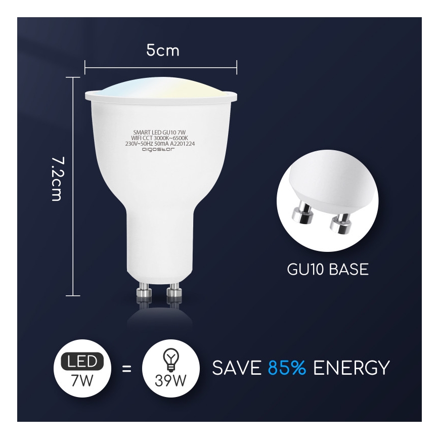 LED Stmívatelná žárovka GU10/7W/230V 3000-6500K Wi-Fi - Aigostar